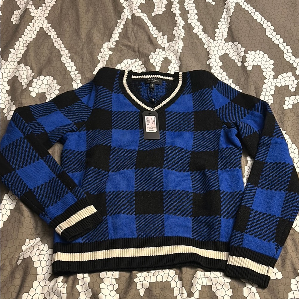 NWT rag and bone varsity V neck Blue and Black Checkered plaid women’s Sweater